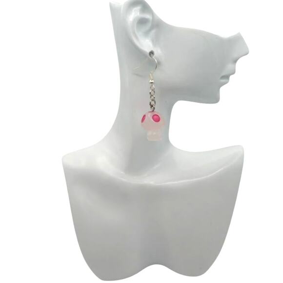 Glow in the Dark Mushroom Earrings Pink – Rave Festival Gamer Style - Picture 2 of 3